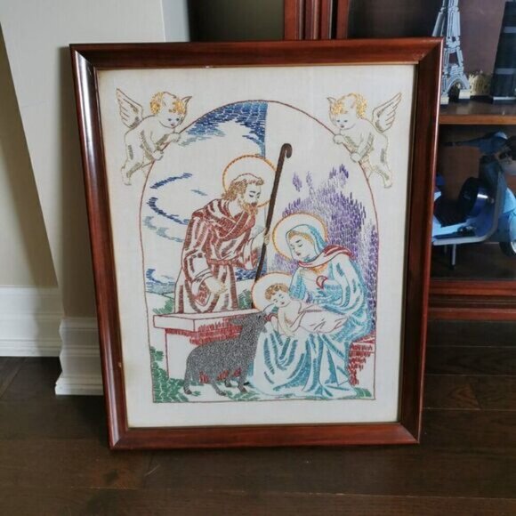 Framed Holy Family Nativity Needlepoint Vintage, Christmas Angels Embroidery - Picture 7 of 10